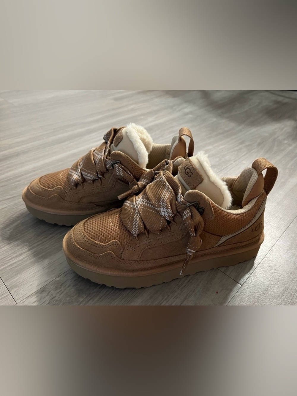 UGG Womens Lowmel Tan Suede & Mesh Ribbon-Lace Sneakers - Picture 2 of 4